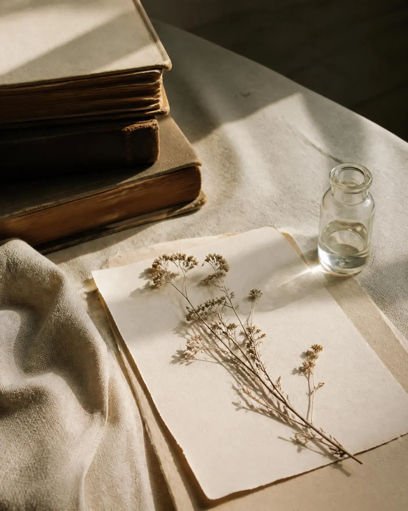 Old books, linen, handmade paper and a pressed botanical specimen in warm window light